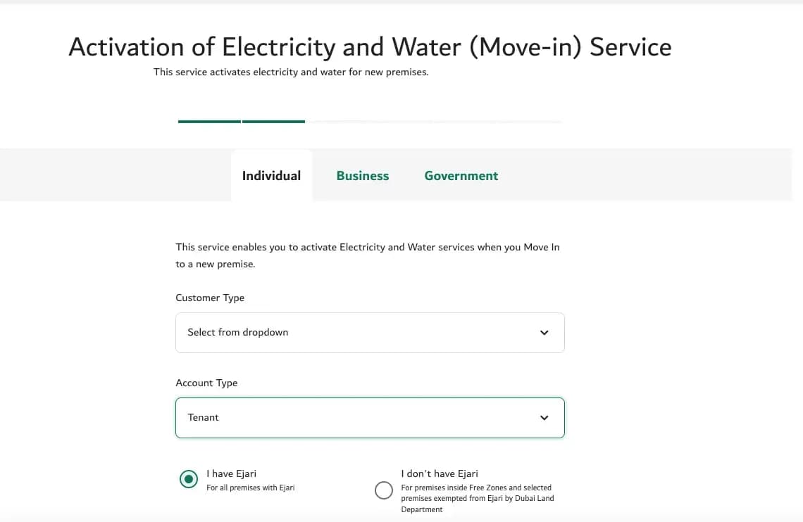 Choose Customer Type (DEWA Activation)